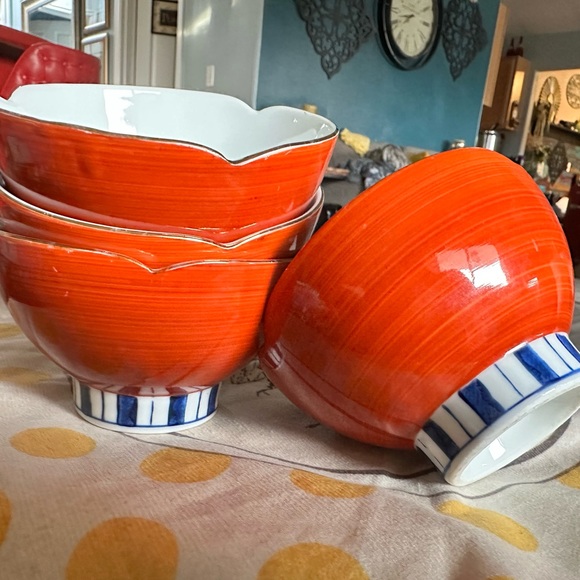 Vintage MCM  Lotus Rice Bowls Japanese Set Of 4 Gold Rims Blue Stripes - Picture 4 of 4